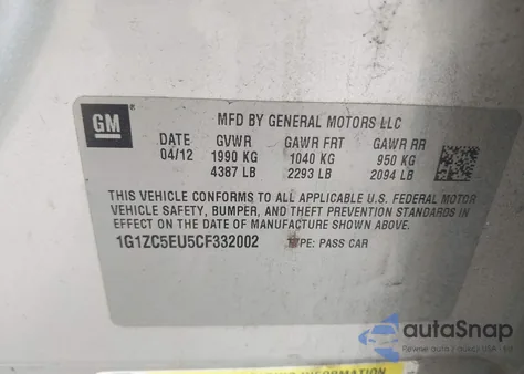 2012 Chevrolet Malibu 1Lt z USA, uszkodzony, nr VIN 1G1ZC5EU5CF332002